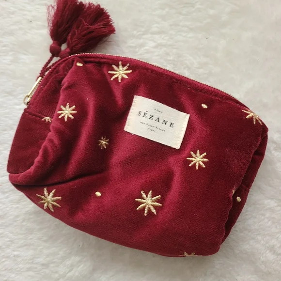 Sezane Red Velvet Pouch with Gold Embroidery - Picture 2 of 3